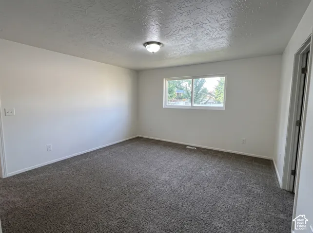 Neutral interior space featuring textured ceilings, carpeted flooring, and a sliding window
