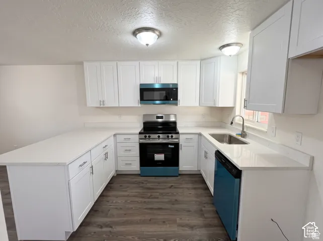 Kitchen featuring white shaker-style cabinetry, quartz countertops, wood-finish flooring, stainless steel appliances, and dual flush-mount ceiling light fixtures
