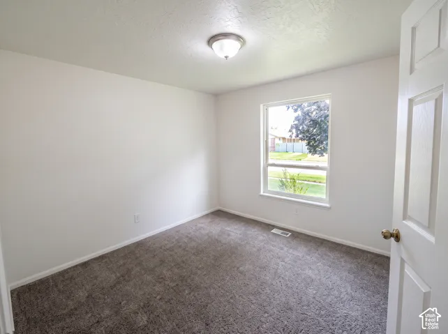 Neutral-toned carpet flooring, single-panel window, six-panel interior door, and flush-mount ceiling light fixture