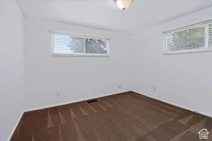 Neutral-toned room featuring wall-to-wall carpeting, two horizontal sliding windows with blinds, and a central ceiling-mounted light fixture