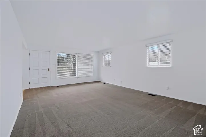 Open interior featuring neutral wall paint, wall-to-wall carpeting, multiple windows with horizontal blinds, and a paneled entry door