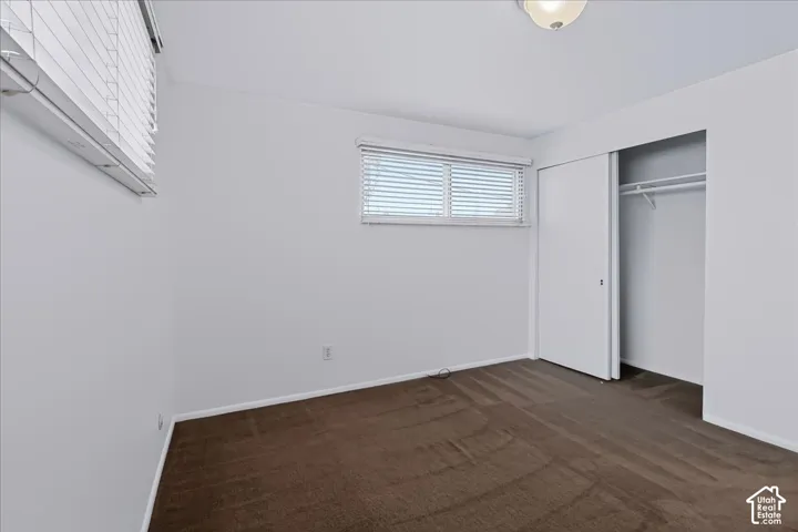 Room featuring neutral carpeting, white walls, dual windows with horizontal blinds, and a built-in sliding door closet