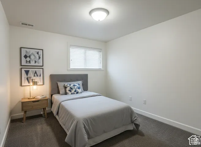Neutral wall palette, carpeting, flush-mount ceiling lighting, and a window with horizontal blinds