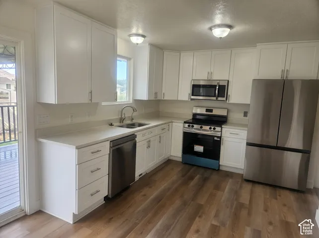 Kitchen featuring white cabinetry, wood-finish flooring, stone-surfaced countertops, stainless steel appliances, and a double-basin sink