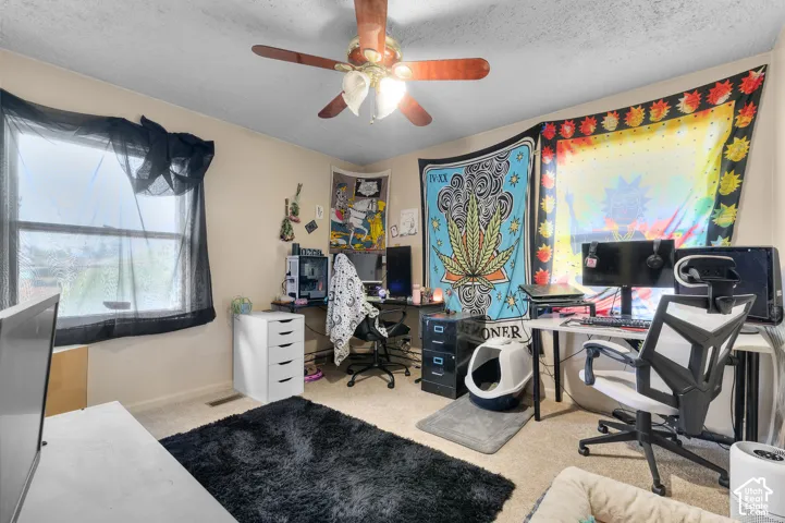 Neutral-toned walls, carpeting, and a ceiling-mounted light fixture with integrated fan blades