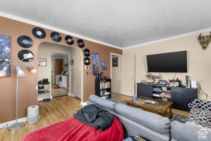 Interior space featuring arched architectural detailing, wood-finish flooring, and crown molding