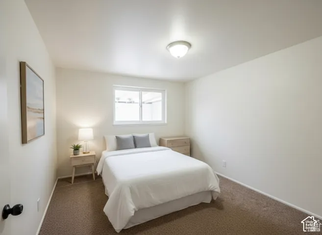 Neutral-toned wall-to-wall carpeting, clean white walls, and a single-pane horizontal window featuring a white frame
