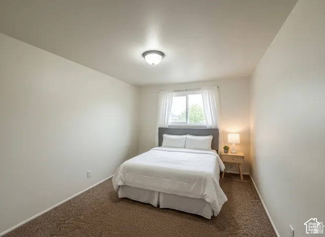 Neutral-toned interior featuring wall-to-wall carpeting, a dual-pane sliding window, and a central flush-mount ceiling light fixture