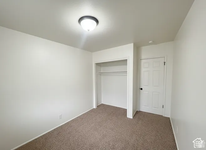 Neutral interior space featuring carpeted flooring, a recessed closet with built-in shelving, a six-panel door, and a flush-mount ceiling light fixture