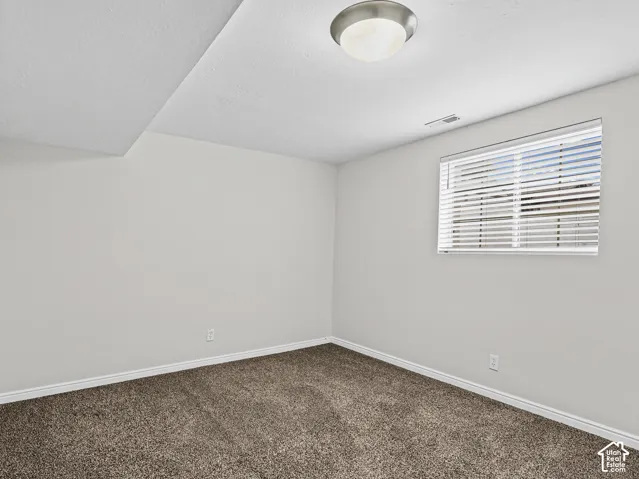 Interior space featuring neutral wall tones, textured carpeting, a flush-mount ceiling light fixture, and a window equipped with horizontal blinds