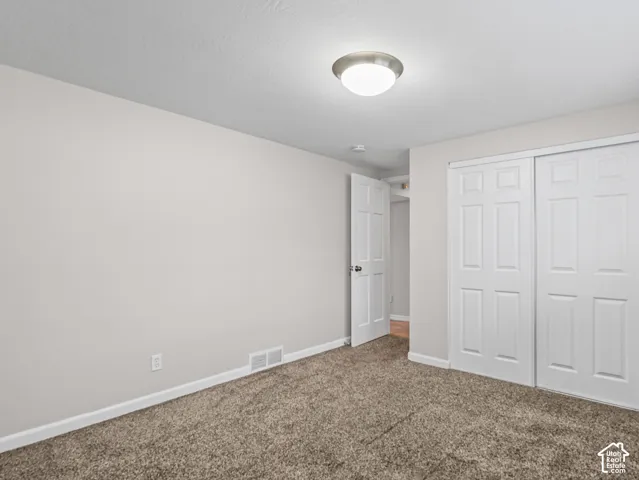 Room featuring neutral-toned carpeting, flush-mount lighting, and a six-panel closet door