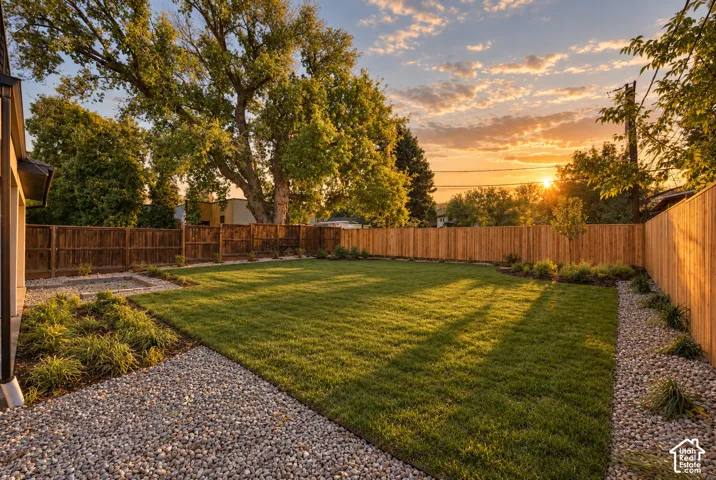 Fenced backyard featuring a manicured lawn, river rock landscaping, mature trees, and a recessed gravel fire pit area