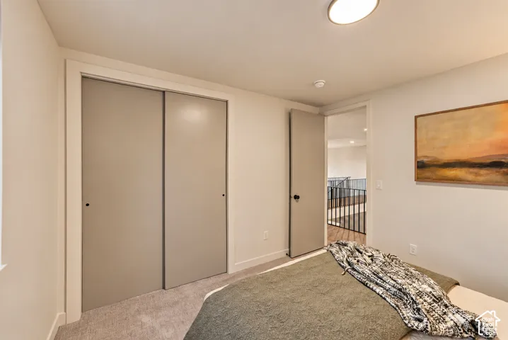 Neutral interior featuring sliding-panel closet doors, flush-mount lighting, and carpeted flooring