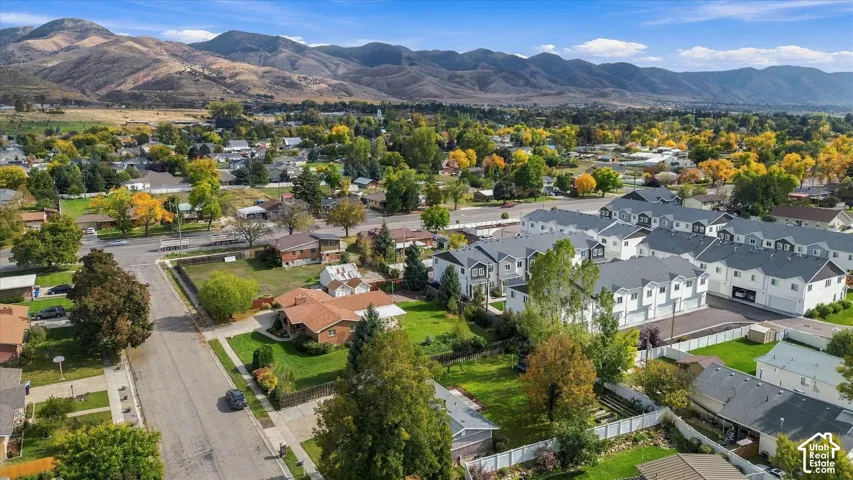 Aerial perspective showcasing established neighborhood surroundings, mature deciduous trees, and a mountain range backdrop