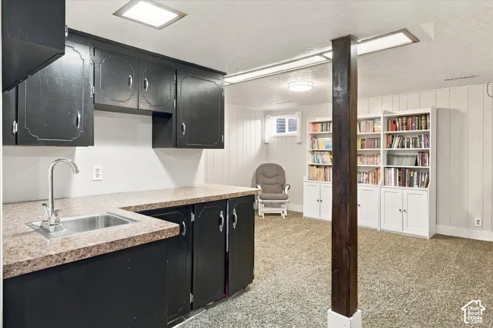 Kitchen area featuring dark cabinetry, stone-finish countertops, stainless steel sink with gooseneck faucet, and built-in white shelving units