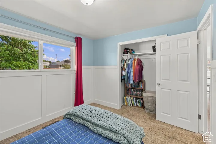 Room featuring white wainscoting, carpeted flooring, a wide horizontal window, and a built-in closet with a six-panel door
