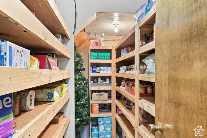 Walk-in pantry featuring custom built-in wood shelving and a solid wood entry door with a brass-finish knob