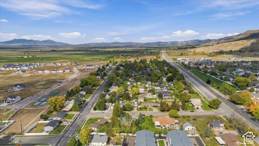 Aerial perspective featuring a residential area with mature trees and mountain backdrops