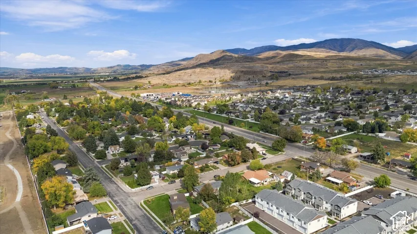 Aerial perspective featuring residential structures, mature tree canopy, and mountain scenery