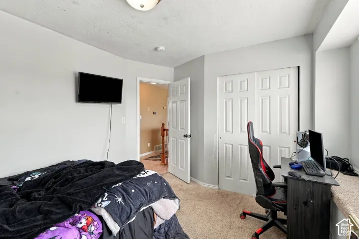 Neutral interior featuring wall-to-wall carpeting, a six-panel closet door, and a built-in window ledge