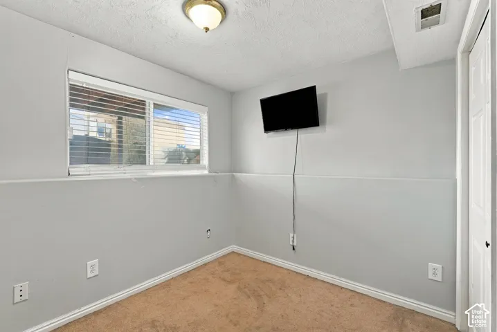 Neutral-toned room featuring wall-to-wall carpeting, a dual-pane horizontal window with blinds, and a semi-flush mount ceiling fixture