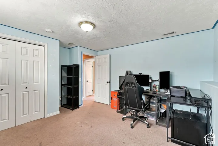 Versatile bonus room featuring light blue painted walls, carpeted flooring, recessed ceiling lighting, and multiple closet storage options