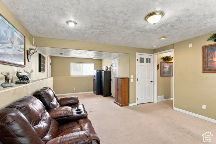 Interior space featuring carpeted flooring, textured ceilings, recessed and flush-mount lighting, and a built-in architectural ledge