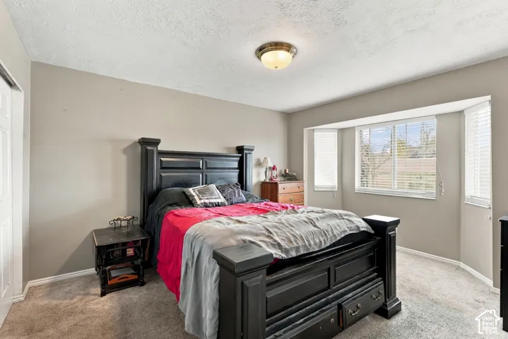 Neutral-toned room featuring a bay window with installed horizontal blinds, wall-to-wall carpeting, and a flush-mount ceiling light fixture