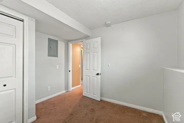 Room featuring neutral-toned wall paint, carpeted flooring, and a six-panel interior door