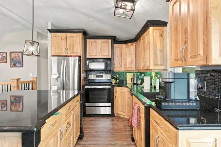 Kitchen featuring natural wood cabinetry with black crown molding, black stone countertops, stainless steel appliances, and wood-finish flooring