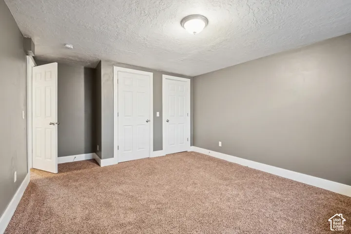 Interior space featuring neutral wall tones, wall-to-wall carpeting, three six-panel interior doors, and a central ceiling-mounted light fixture