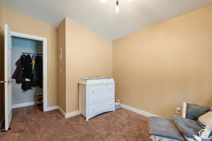Interior space with neutral wall coloring, carpeted flooring, and a walk-in closet with built-in hanging rod