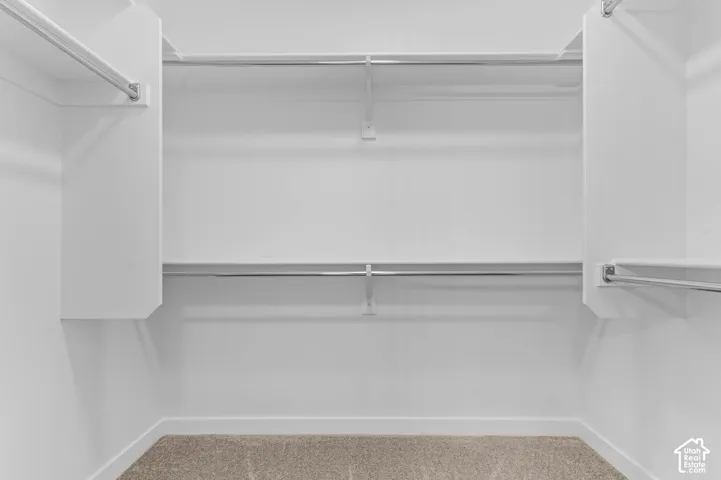 Walk-in closet featuring white wood-finish shelving, dual-tier metal hanging rods, and neutral carpeting