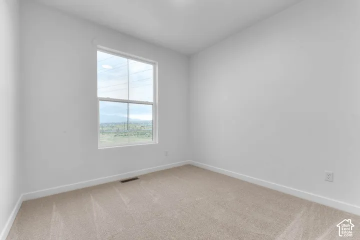 Neutral-toned carpeting, high-gloss white wall finish, and a single-pane window featuring mountain scenery