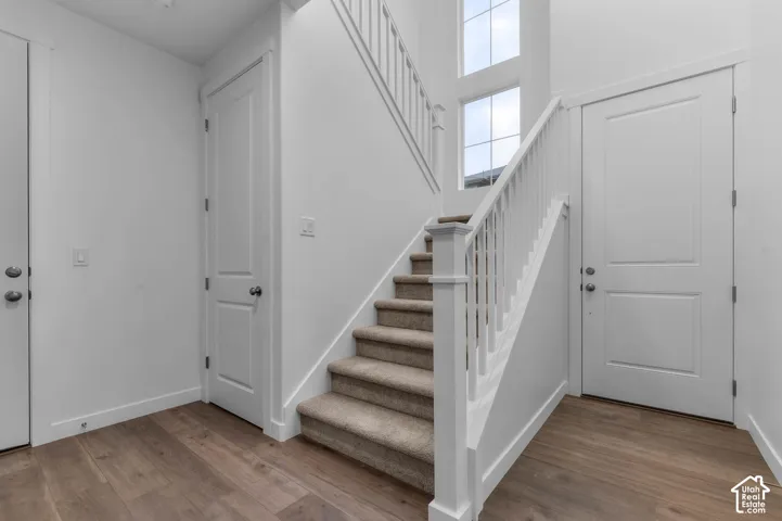 Entryway featuring wood-finish flooring, staircase with carpeted treads, white millwork, and multi-pane windows