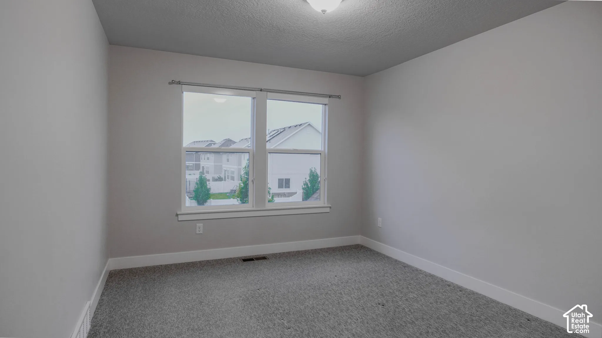 Neutral-toned wall paint, plush carpeting, double-pane window with white casing, and a ceiling-mounted light fixture