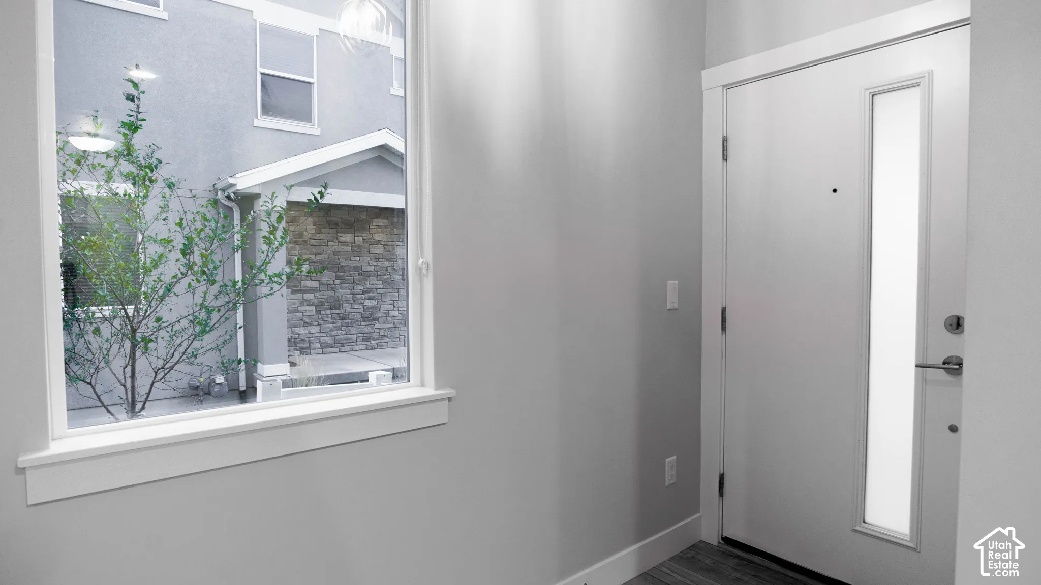 Entryway featuring a solid white door with a vertical frosted glass panel, LVP flooring, and a large picture window