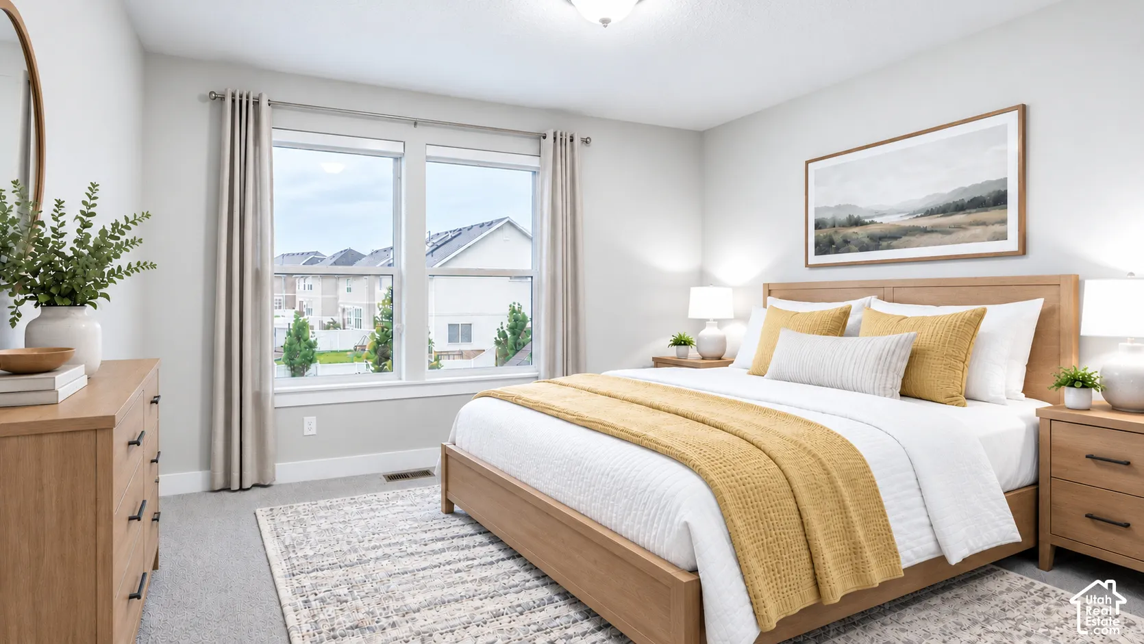Neutral interior featuring dual-pane windows, wall-to-wall carpeting, and a flush-mount ceiling light fixture