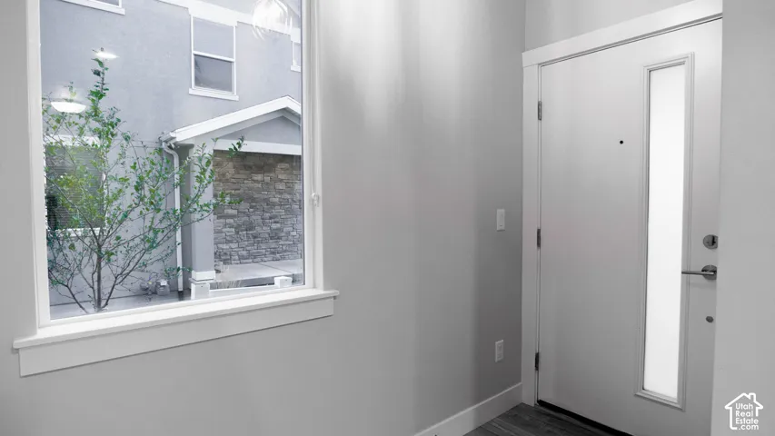 Entryway featuring a solid white door with a vertical frosted glass panel, LVP flooring, and a large picture window