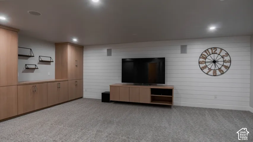 Built-in wood-finish cabinetry, horizontal shiplap wall detailing, integrated wall-mounted speakers, and recessed ceiling lighting