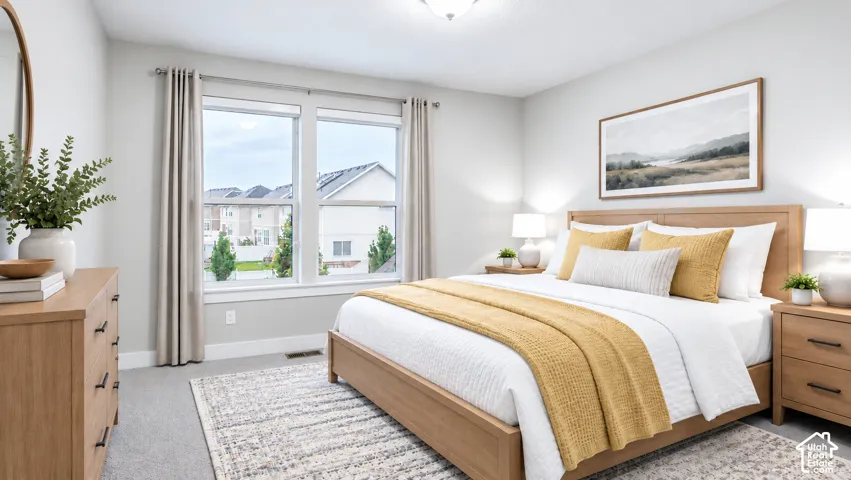 Neutral interior featuring dual-pane windows, wall-to-wall carpeting, and a flush-mount ceiling light fixture