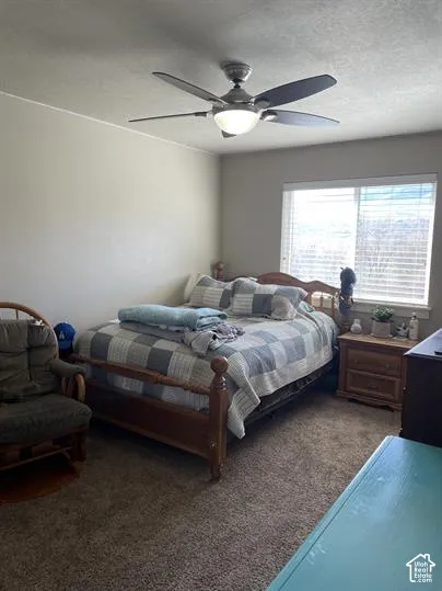 Neutral wall tones with wall-to-wall carpeting, window with slatted blinds, and ceiling fan with integrated lighting