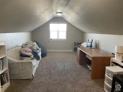 Vaulted ceilings, neutral wall tones, wall-to-wall carpeting, and a centrally located window