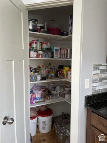 Walk-in pantry featuring five-tier shelving, white shiplap wall finishes, and a classic paneled swing door