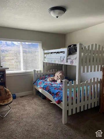 Neutral wall tones, wall-to-wall carpeting, flush-mount ceiling light fixture, and large window with mountain scenery