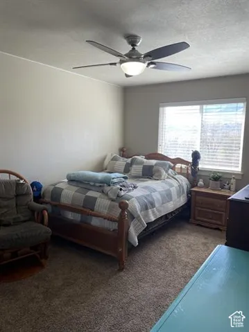 Neutral wall tones with wall-to-wall carpeting, window with slatted blinds, and ceiling fan with integrated lighting