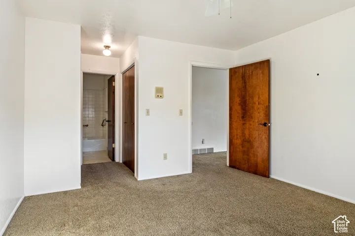 Interior space featuring neutral-toned carpeting, solid-core wood-finish doors, and built-in closet storage