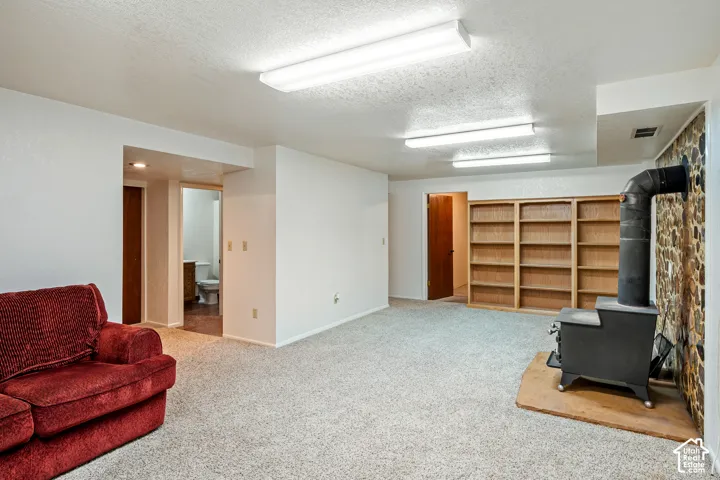 Interior space featuring a free-standing wood-burning stove, stone-surround hearth, and floor-to-ceiling built-in wood shelving