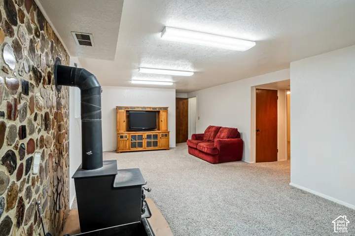Interior space featuring a floor-to-ceiling natural stone wall, a black metal wood-burning stove, wall-to-wall carpeting, and solid wood doors