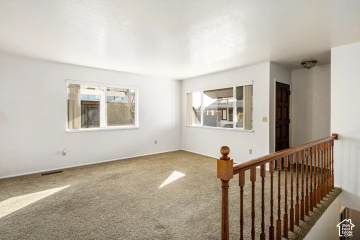 Neutral-toned carpeting, dual-aspect windows, wooden handrail with vertical balusters, and six-panel wood door